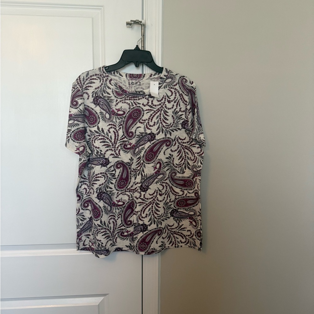 LOFT Cream Tee with Purple Paisley Print - Short Sleeve